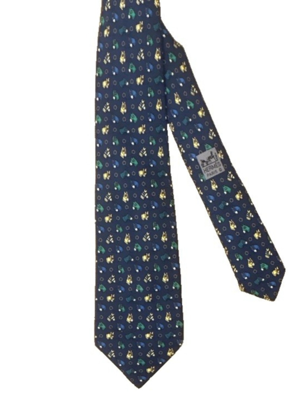 Hermès Silk Novelty Equestrian Horse Tie Blue/Green/Yellow Pointed Logo